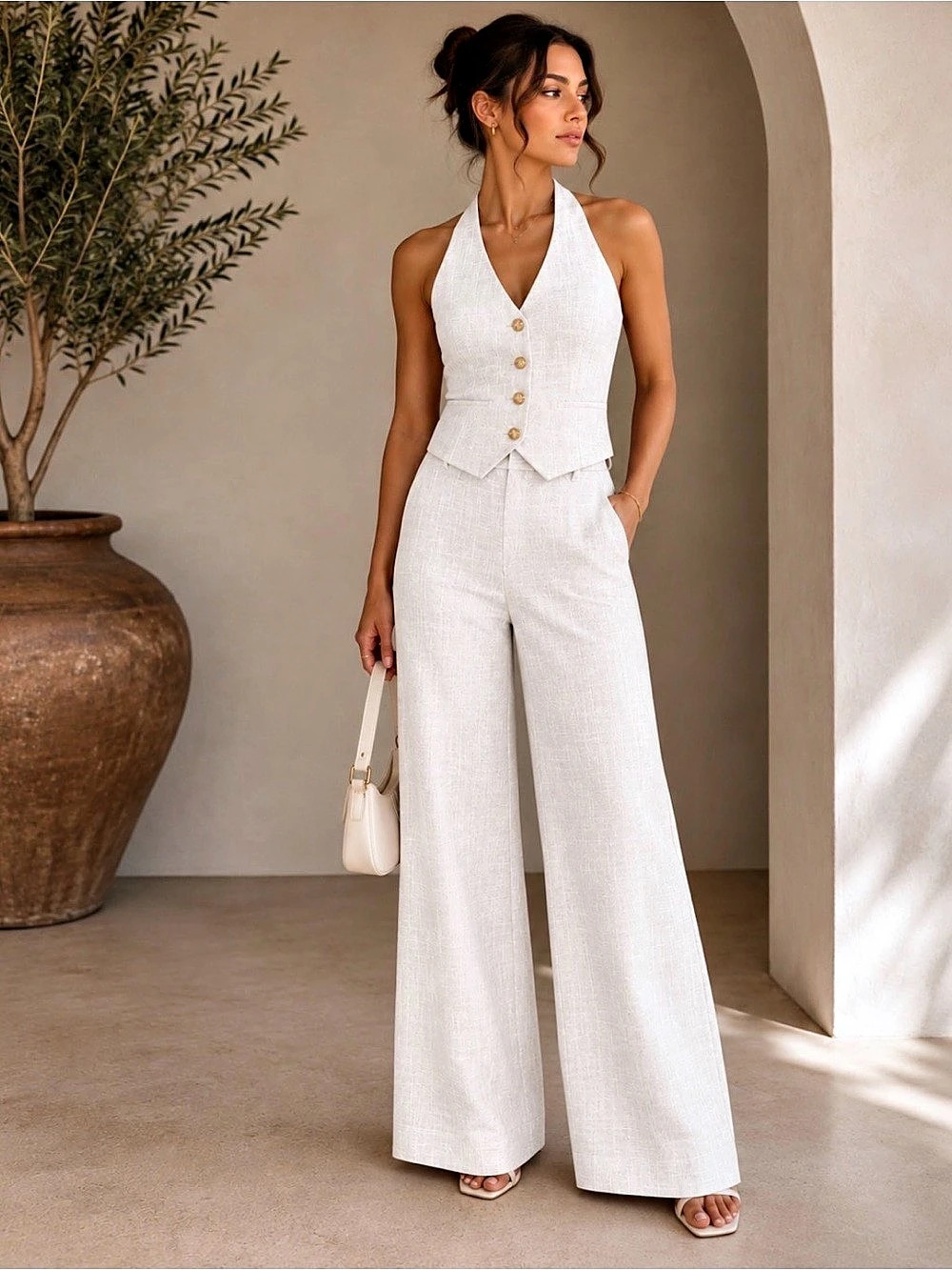 Commense Halter Vest & Wide Leg Pants Set White Size Small